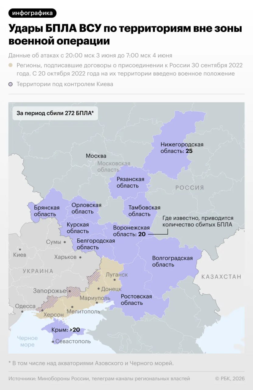 Атаки украинских дронов на российские регионы в ночь на 4 июня — в инфографике РБК.
